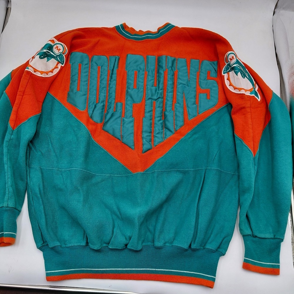 Vtg Miami Dolphins Crew Sweatshirt L Legends Athletic USA Spellout Colorblock